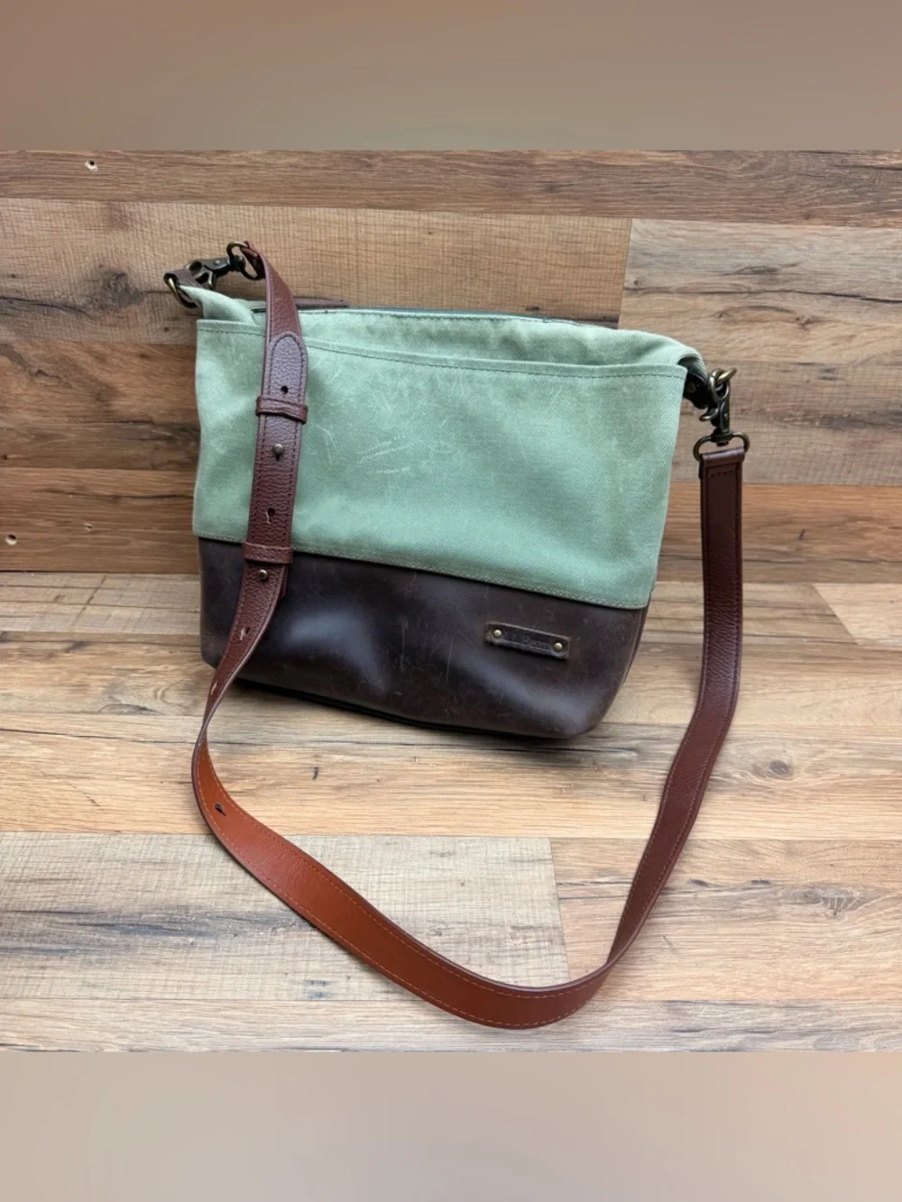 LL Bean Canvas and Leather Crossbody Bag in Sage Green and Brown